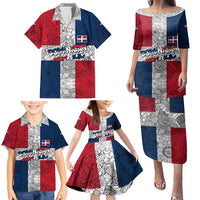 Dominican Republic Flag Family Matching Puletasi and Hawaiian Shirt Red White and Blue Pattern with National Emblem and Tribal Design - Wonder Print Shop