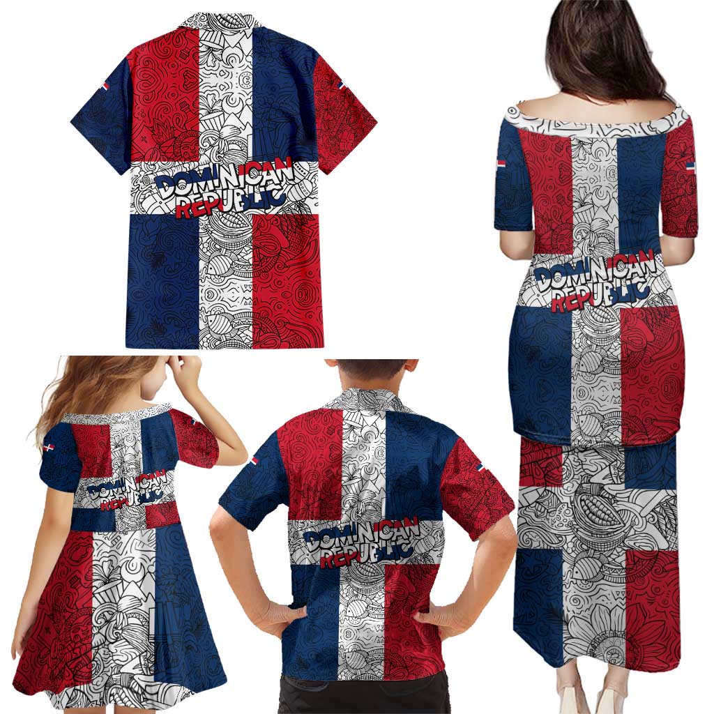 Dominican Republic Flag Family Matching Puletasi and Hawaiian Shirt Red White and Blue Pattern with National Emblem and Tribal Design - Wonder Print Shop