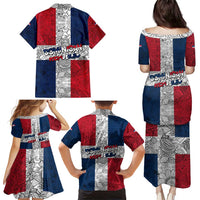 Dominican Republic Flag Family Matching Puletasi and Hawaiian Shirt Red White and Blue Pattern with National Emblem and Tribal Design - Wonder Print Shop