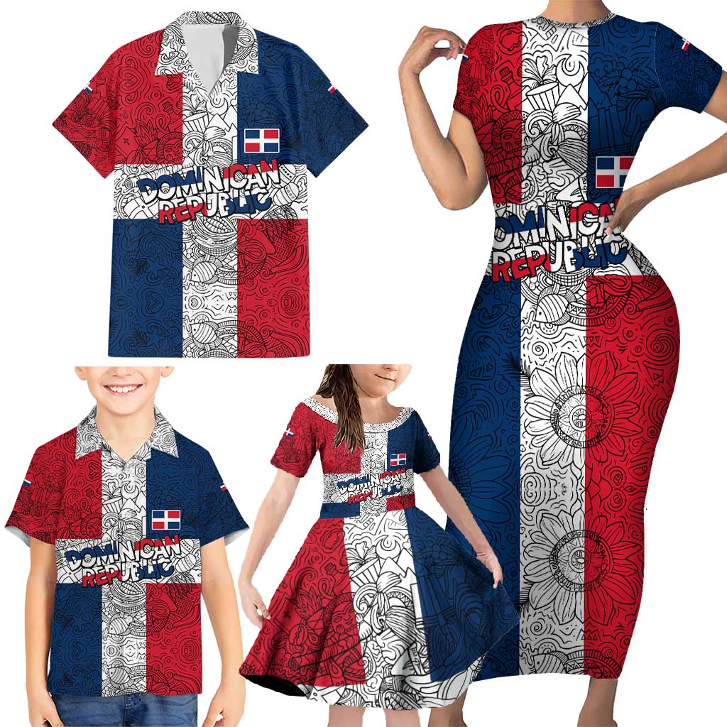 Dominican Republic Flag Family Matching Short Sleeve Bodycon Dress and Hawaiian Shirt Red White and Blue Pattern with National Emblem and Tribal Design - Wonder Print Shop