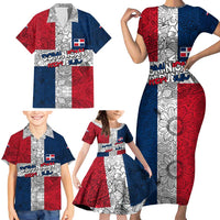 Dominican Republic Flag Family Matching Short Sleeve Bodycon Dress and Hawaiian Shirt Red White and Blue Pattern with National Emblem and Tribal Design - Wonder Print Shop