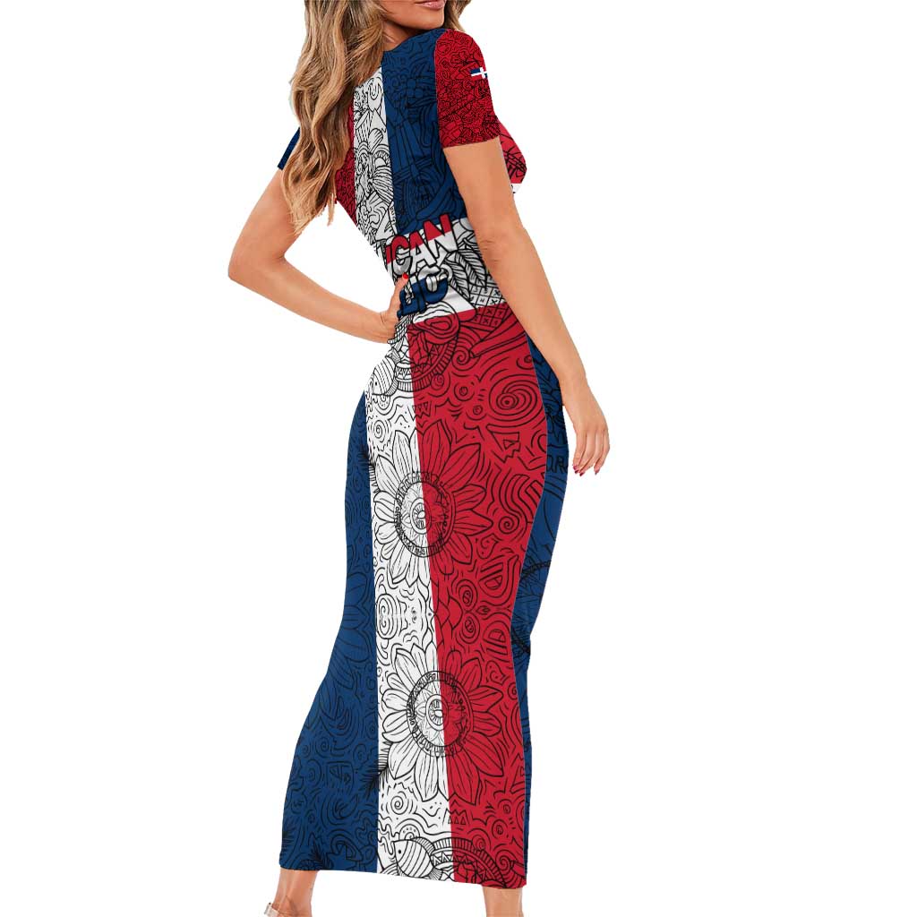 Dominican Republic Flag Family Matching Short Sleeve Bodycon Dress and Hawaiian Shirt Red White and Blue Pattern with National Emblem and Tribal Design - Wonder Print Shop