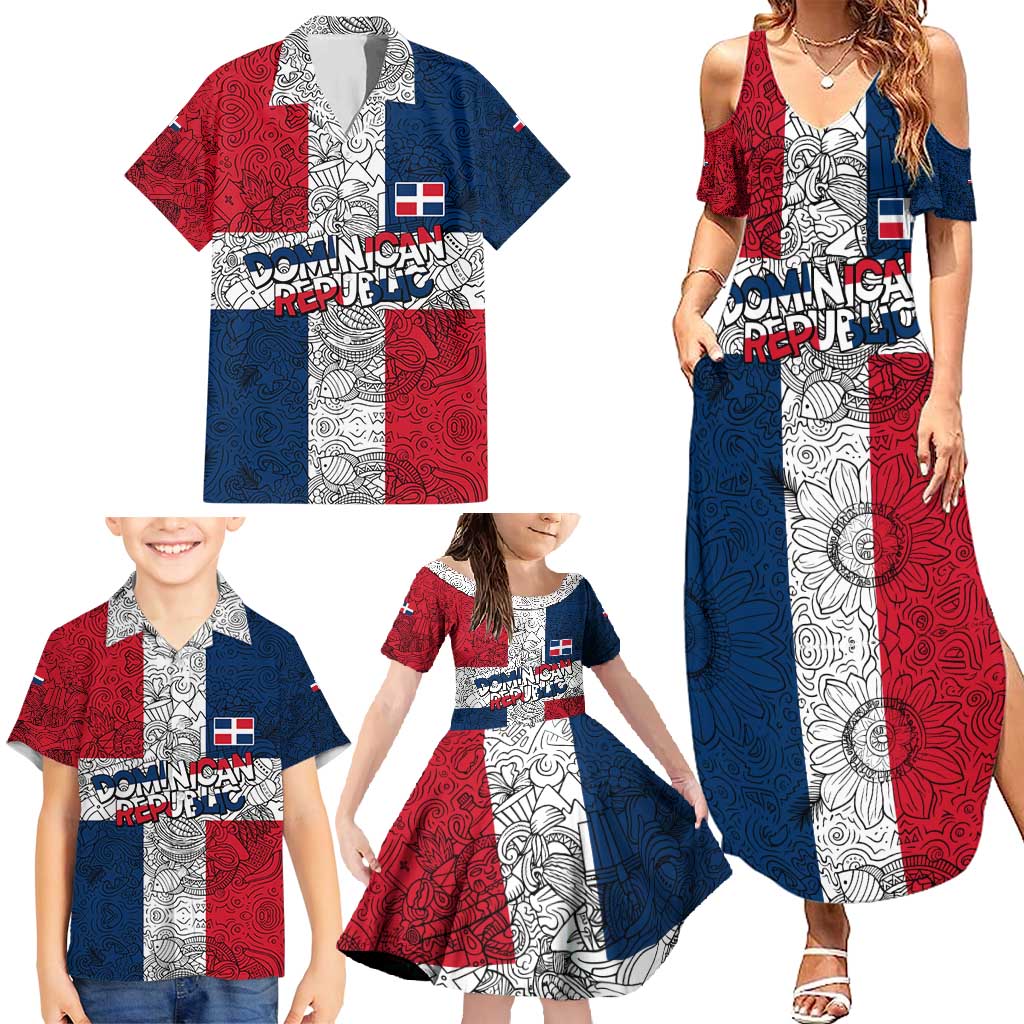 Dominican Republic Flag Family Matching Summer Maxi Dress and Hawaiian Shirt Red White and Blue Pattern with National Emblem and Tribal Design - Wonder Print Shop