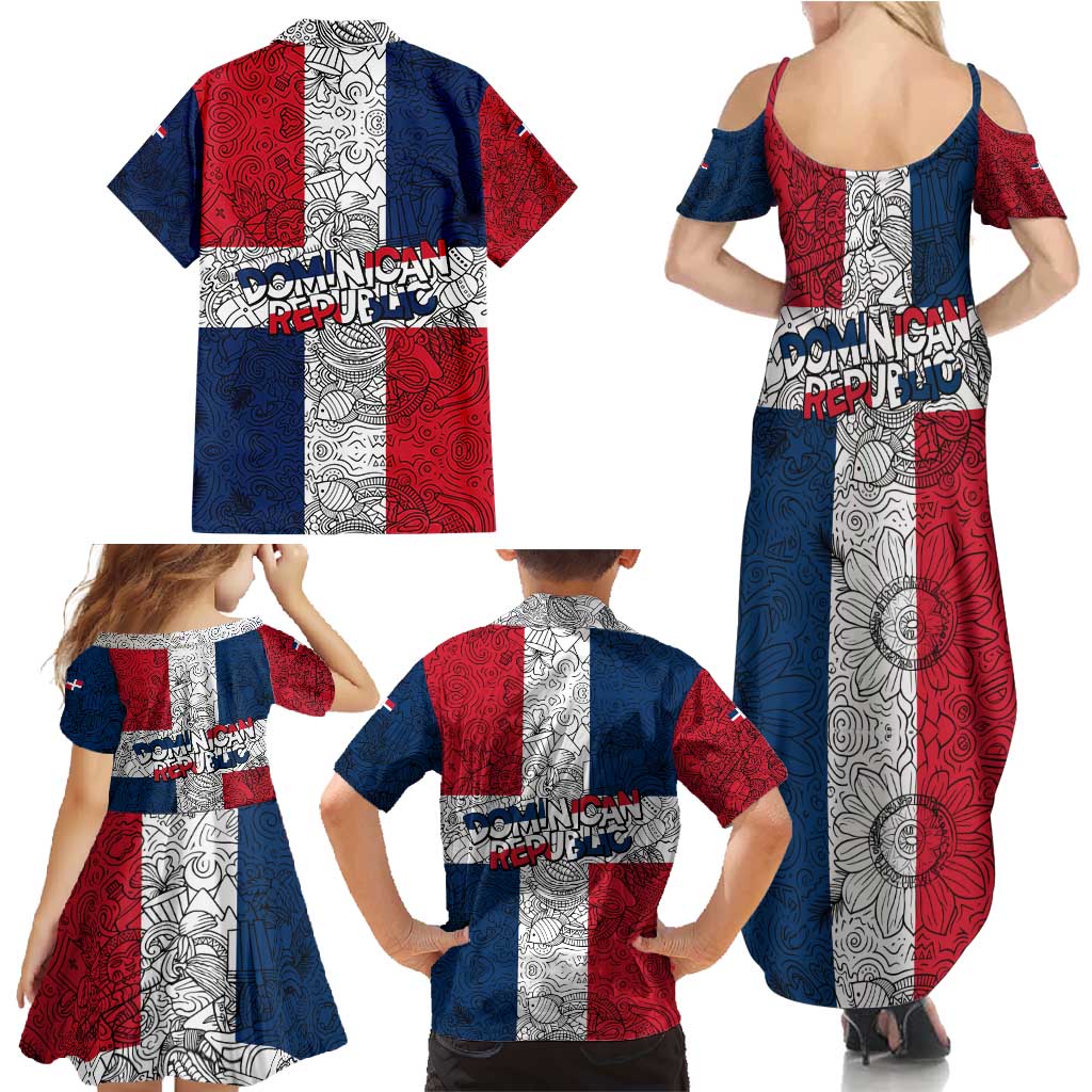 Dominican Republic Flag Family Matching Summer Maxi Dress and Hawaiian Shirt Red White and Blue Pattern with National Emblem and Tribal Design - Wonder Print Shop