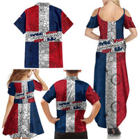 Dominican Republic Flag Family Matching Summer Maxi Dress and Hawaiian Shirt Red White and Blue Pattern with National Emblem and Tribal Design - Wonder Print Shop