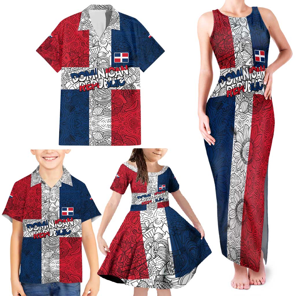 Dominican Republic Flag Family Matching Tank Maxi Dress and Hawaiian Shirt Red White and Blue Pattern with National Emblem and Tribal Design - Wonder Print Shop