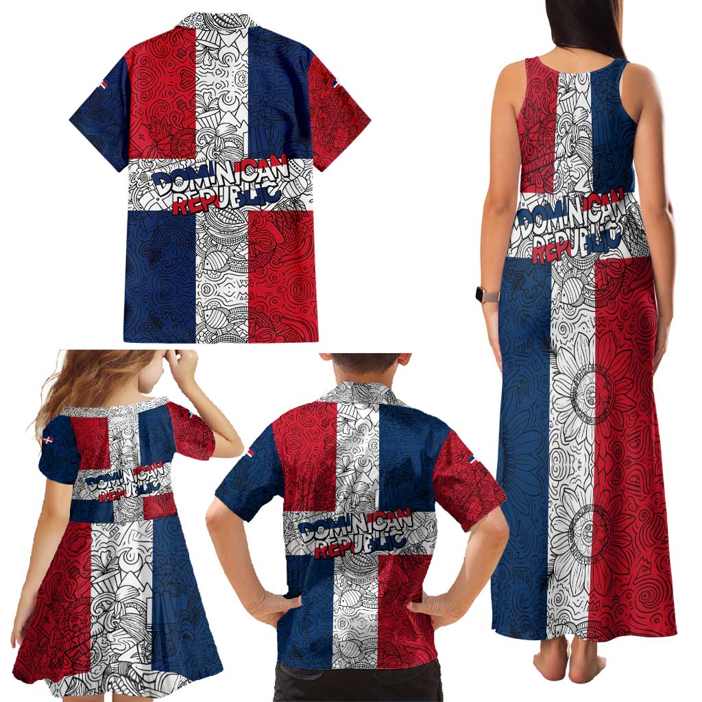 Dominican Republic Flag Family Matching Tank Maxi Dress and Hawaiian Shirt Red White and Blue Pattern with National Emblem and Tribal Design - Wonder Print Shop