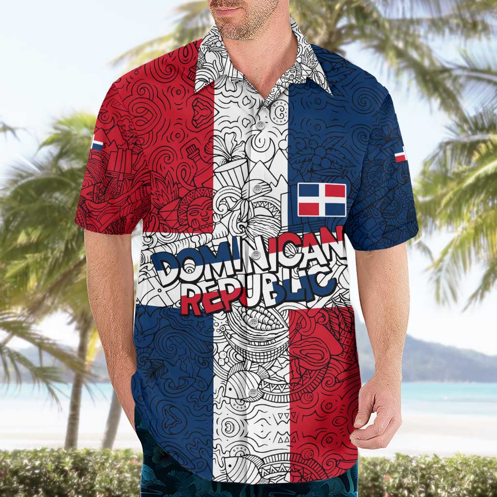 Dominican Republic Flag Hawaiian Shirt Red White and Blue Pattern with National Emblem and Tribal Design - Wonder Print Shop