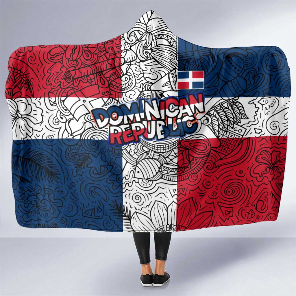 Dominican Republic Flag Hooded Blanket Red White and Blue Pattern with National Emblem and Tribal Design - Wonder Print Shop