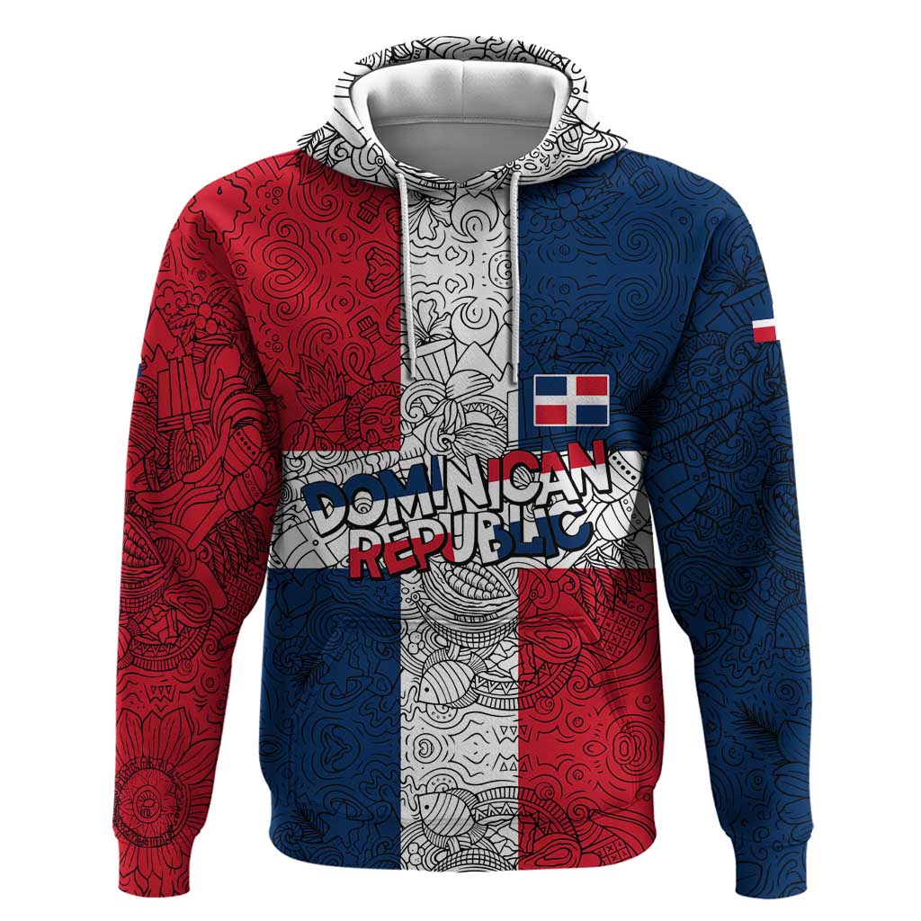 Dominican Republic Flag Hoodie Red White and Blue Pattern with National Emblem and Tribal Design - Wonder Print Shop