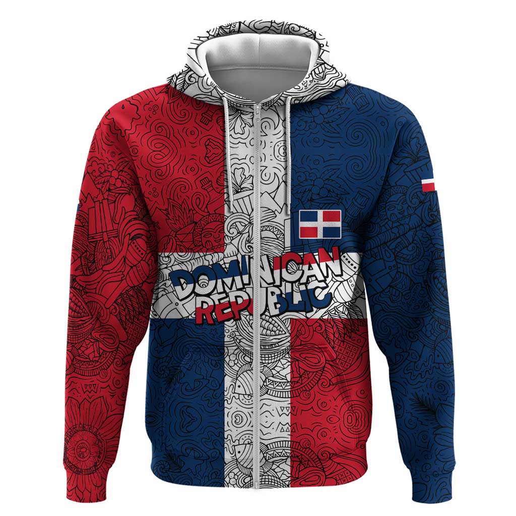 Dominican Republic Flag Hoodie Red White and Blue Pattern with National Emblem and Tribal Design - Wonder Print Shop
