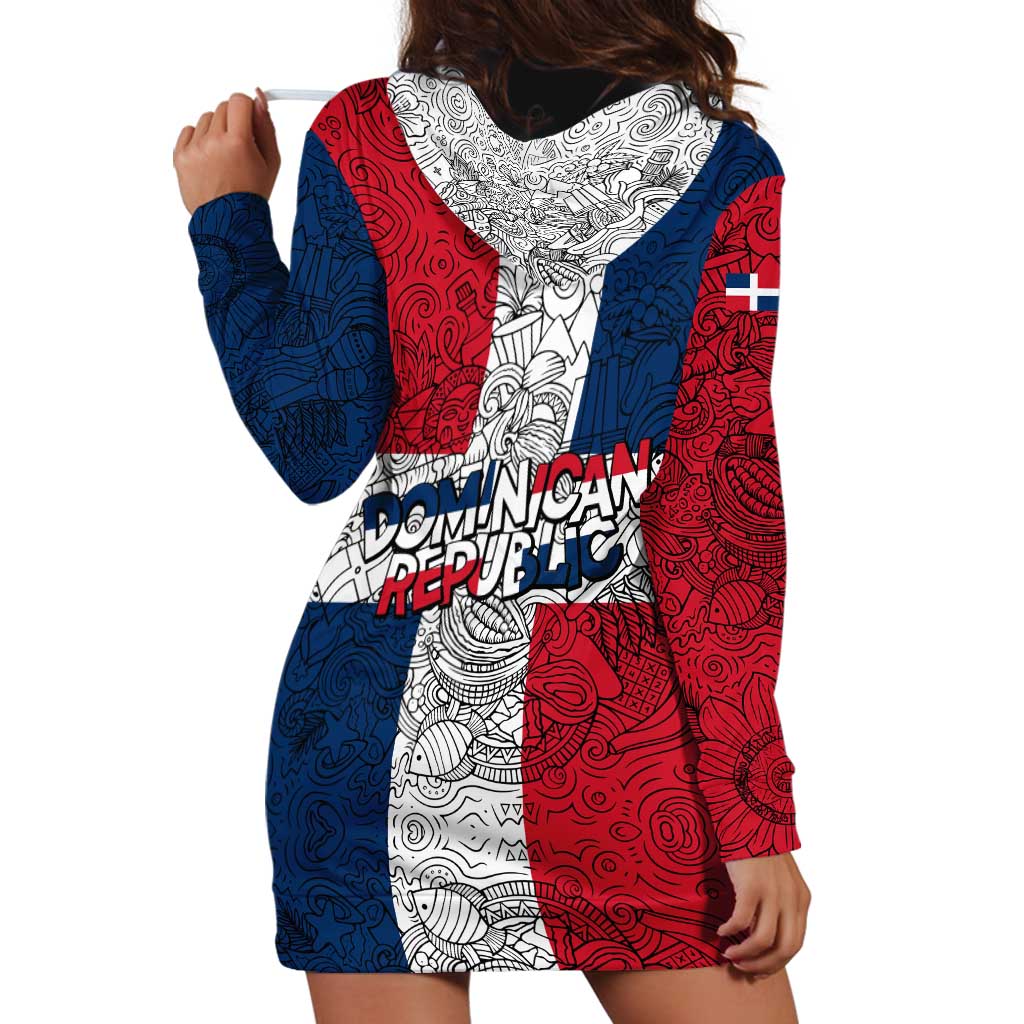 Dominican Republic Flag Hoodie Dress Red White and Blue Pattern with National Emblem and Tribal Design - Wonder Print Shop