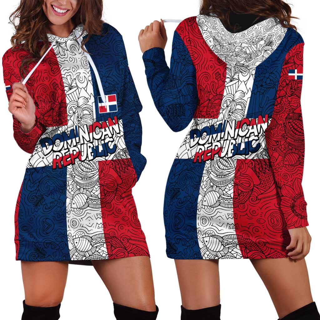 Dominican Republic Flag Hoodie Dress Red White and Blue Pattern with National Emblem and Tribal Design - Wonder Print Shop