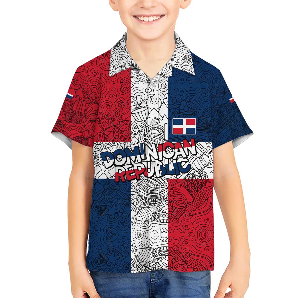 Dominican Republic Flag Kid Hawaiian Shirt Red White and Blue Pattern with National Emblem and Tribal Design - Wonder Print Shop