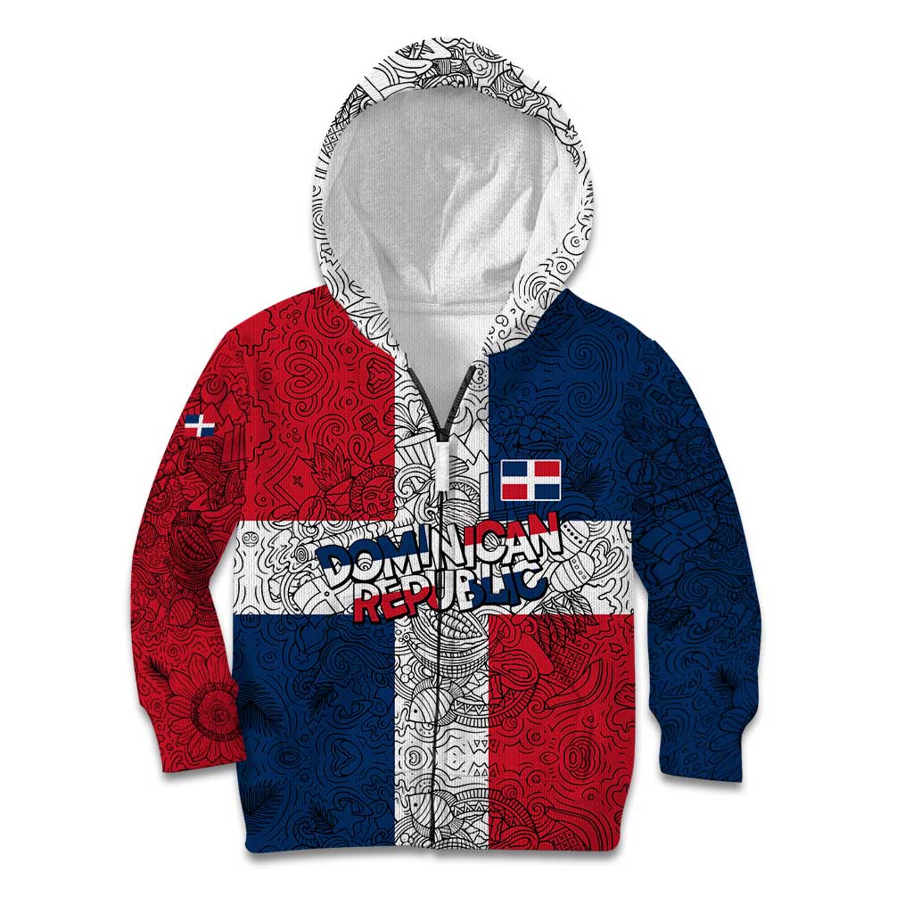 Dominican Republic Flag Kid Hoodie Red White and Blue Pattern with National Emblem and Tribal Design - Wonder Print Shop