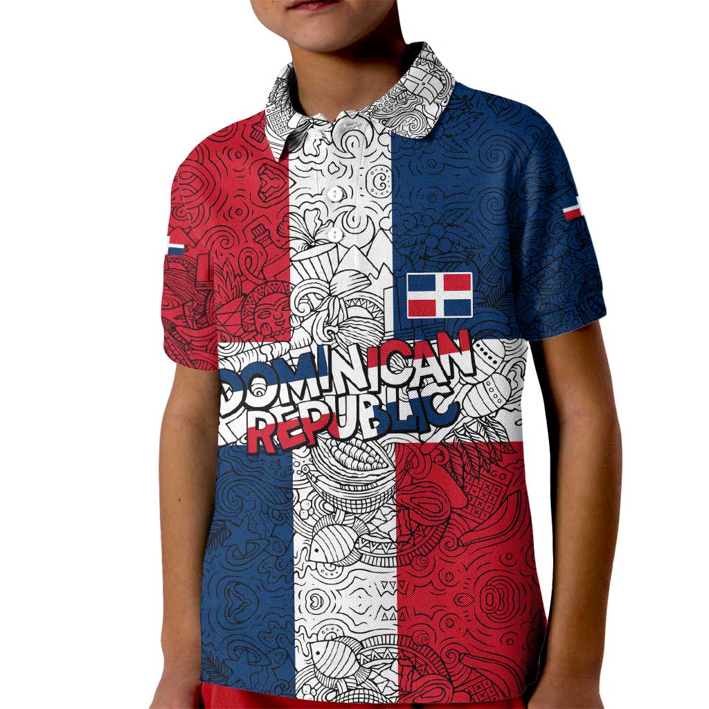 Dominican Republic Flag Kid Polo Shirt Red White and Blue Pattern with National Emblem and Tribal Design - Wonder Print Shop