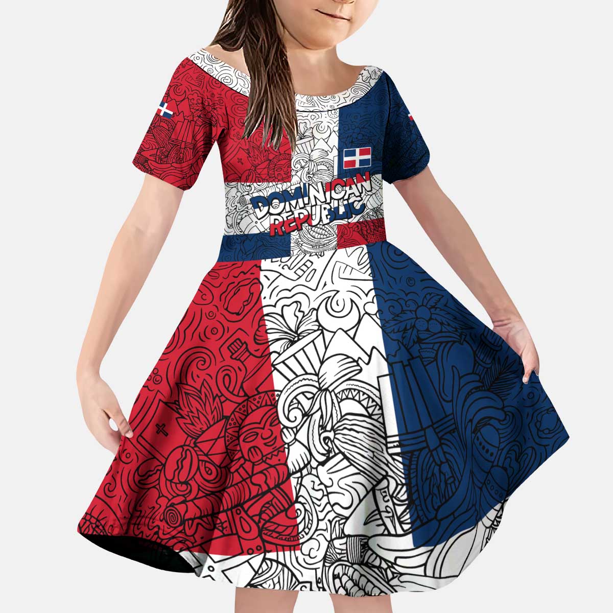 Dominican Republic Flag Kid Short Sleeve Dress Red White and Blue Pattern with National Emblem and Tribal Design - Wonder Print Shop