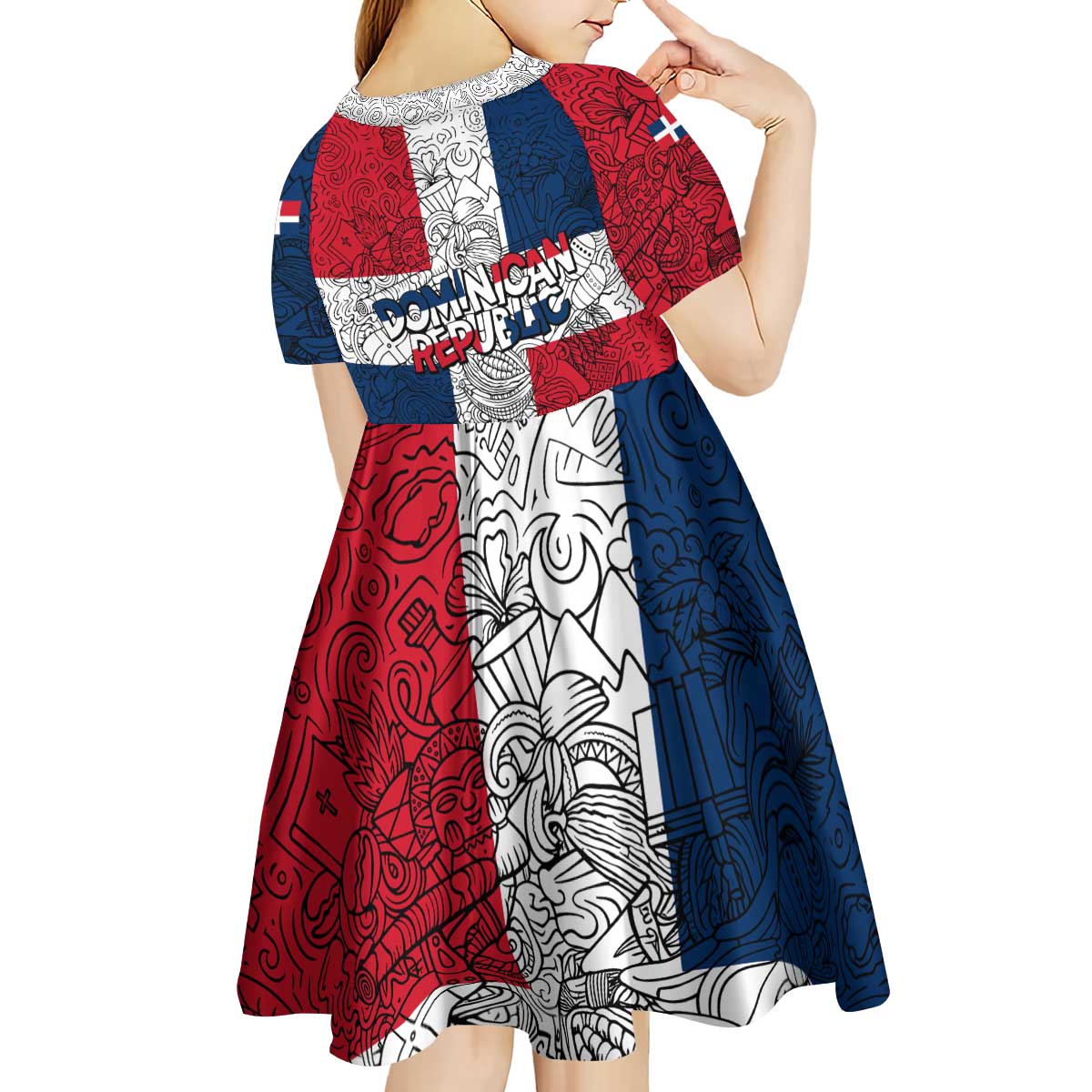 Dominican Republic Flag Kid Short Sleeve Dress Red White and Blue Pattern with National Emblem and Tribal Design - Wonder Print Shop