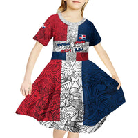Dominican Republic Flag Kid Short Sleeve Dress Red White and Blue Pattern with National Emblem and Tribal Design - Wonder Print Shop
