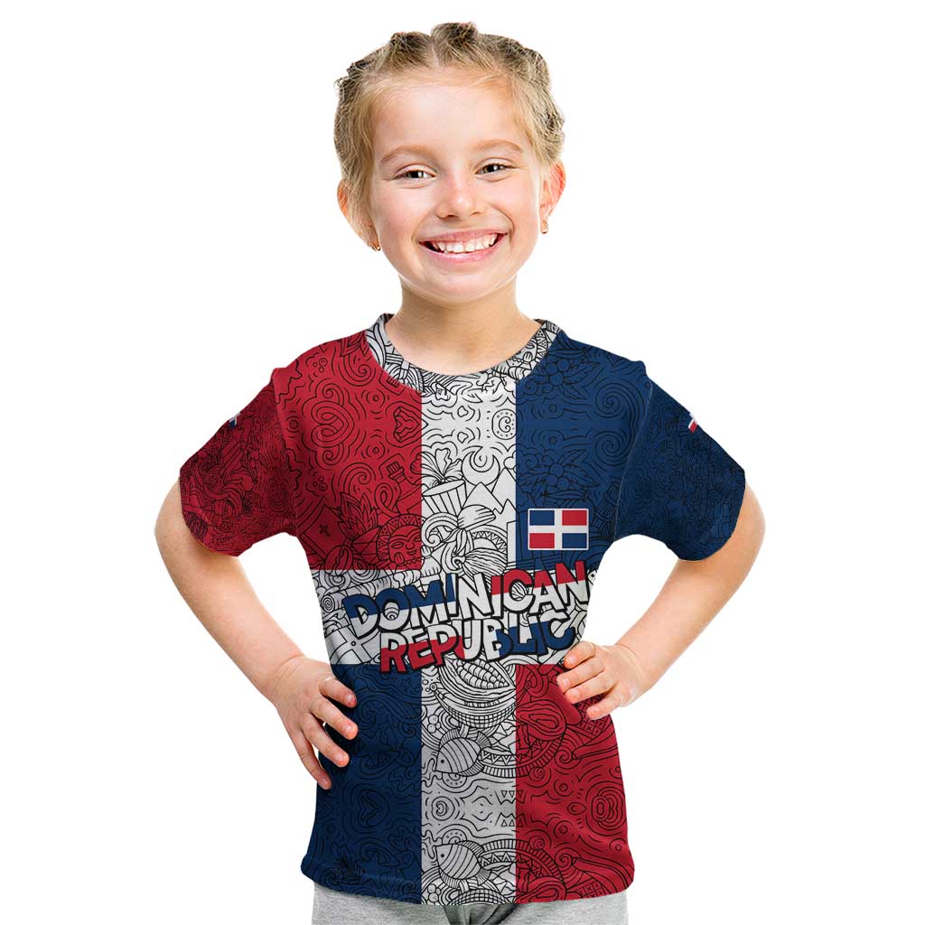 Dominican Republic Flag Kid T Shirt Red White and Blue Pattern with National Emblem and Tribal Design - Wonder Print Shop