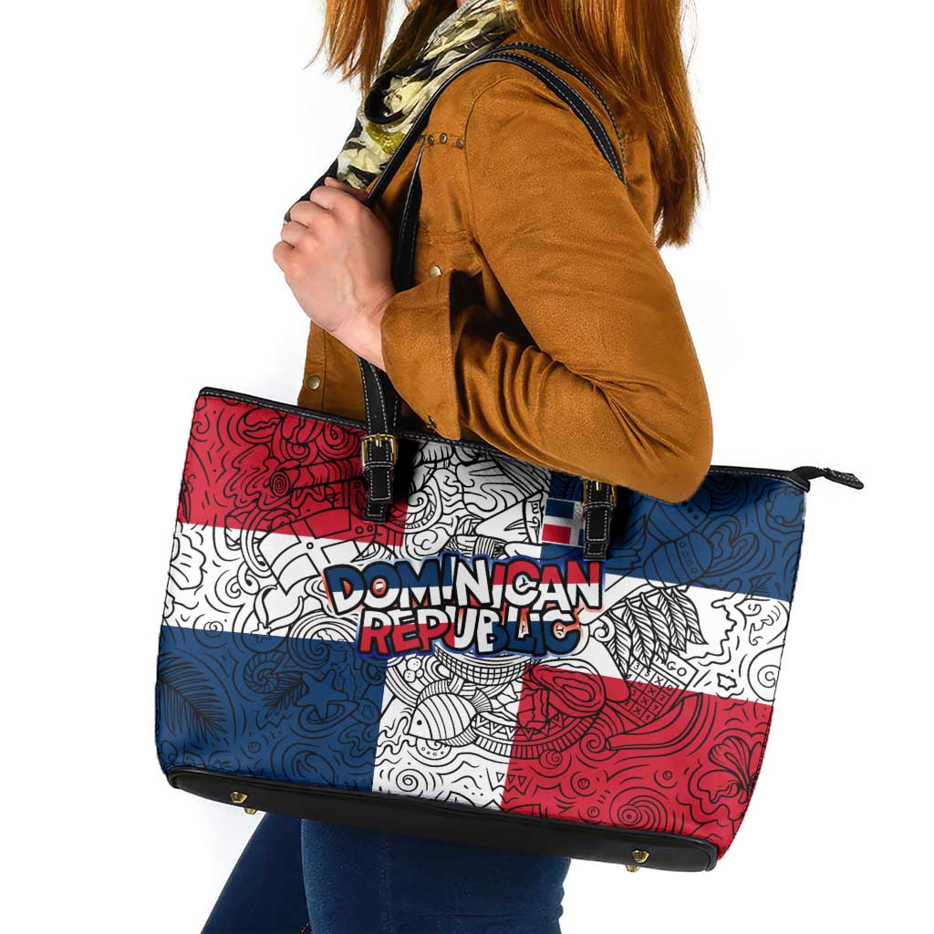 Dominican Republic Flag Leather Tote Bag Red White and Blue Pattern with National Emblem and Tribal Design - Wonder Print Shop