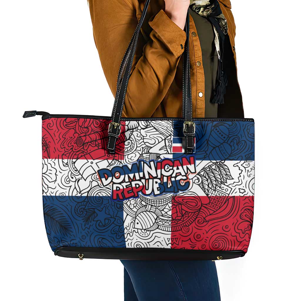 Dominican Republic Flag Leather Tote Bag Red White and Blue Pattern with National Emblem and Tribal Design - Wonder Print Shop
