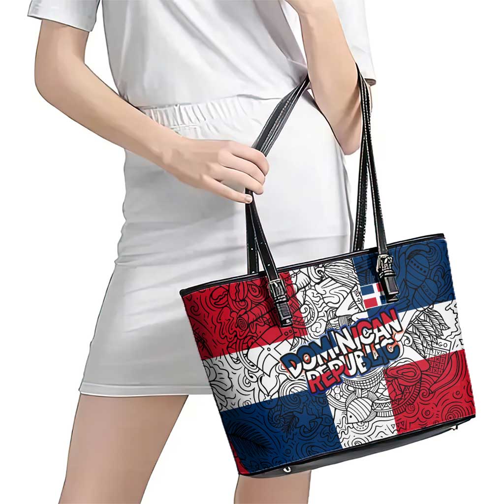 Dominican Republic Flag Leather Tote Bag Red White and Blue Pattern with National Emblem and Tribal Design - Wonder Print Shop