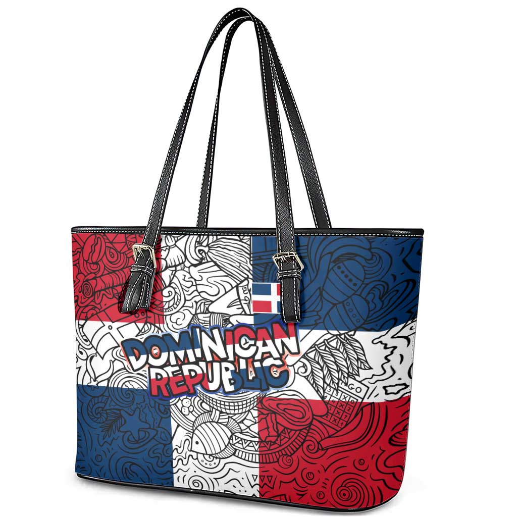 Dominican Republic Flag Leather Tote Bag Red White and Blue Pattern with National Emblem and Tribal Design - Wonder Print Shop