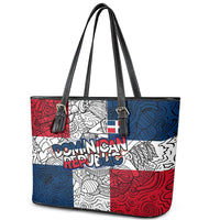 Dominican Republic Flag Leather Tote Bag Red White and Blue Pattern with National Emblem and Tribal Design - Wonder Print Shop
