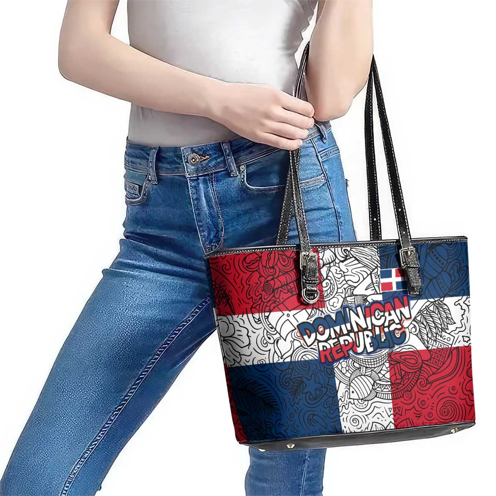 Dominican Republic Flag Leather Tote Bag Red White and Blue Pattern with National Emblem and Tribal Design - Wonder Print Shop