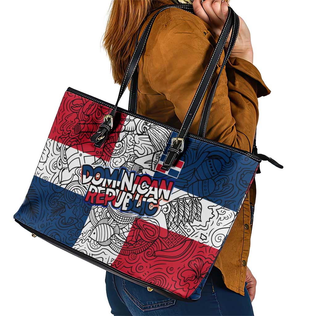 Dominican Republic Flag Leather Tote Bag Red White and Blue Pattern with National Emblem and Tribal Design - Wonder Print Shop