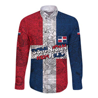 Dominican Republic Flag Long Sleeve Button Shirt Red White and Blue Pattern with National Emblem and Tribal Design - Wonder Print Shop