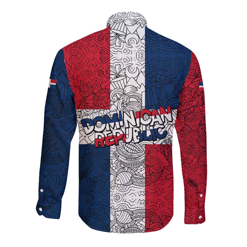 Dominican Republic Flag Long Sleeve Button Shirt Red White and Blue Pattern with National Emblem and Tribal Design - Wonder Print Shop