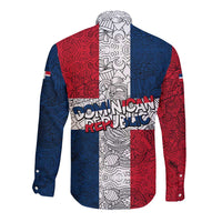 Dominican Republic Flag Long Sleeve Button Shirt Red White and Blue Pattern with National Emblem and Tribal Design - Wonder Print Shop