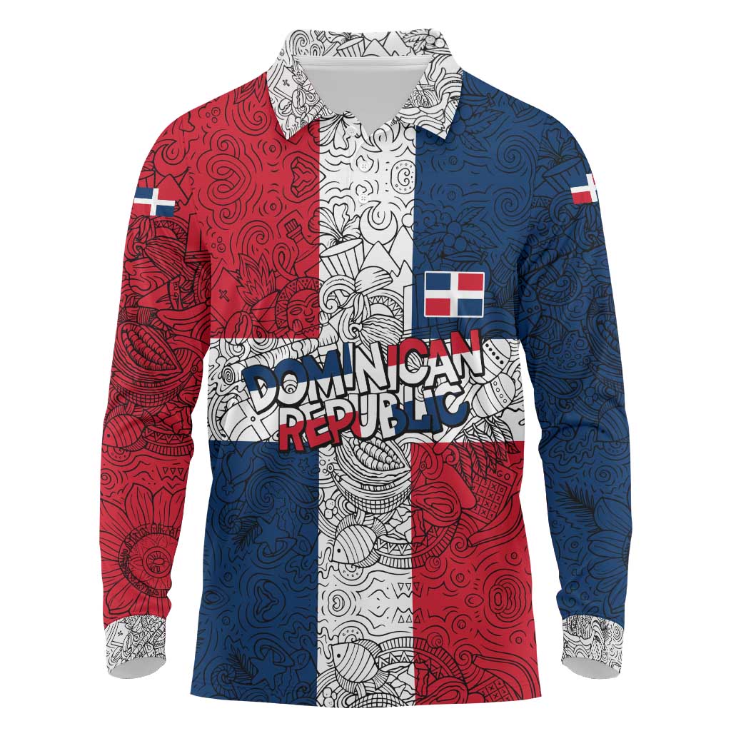 Dominican Republic Flag Long Sleeve Polo Shirt Red White and Blue Pattern with National Emblem and Tribal Design - Wonder Print Shop