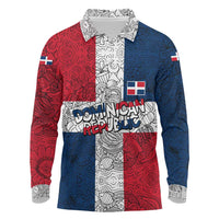 Dominican Republic Flag Long Sleeve Polo Shirt Red White and Blue Pattern with National Emblem and Tribal Design - Wonder Print Shop