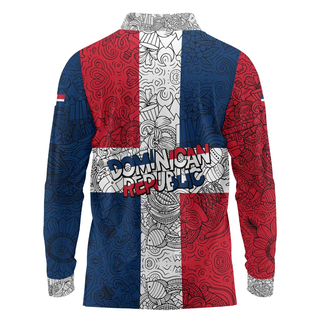 Dominican Republic Flag Long Sleeve Polo Shirt Red White and Blue Pattern with National Emblem and Tribal Design - Wonder Print Shop