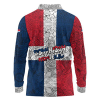 Dominican Republic Flag Long Sleeve Polo Shirt Red White and Blue Pattern with National Emblem and Tribal Design - Wonder Print Shop