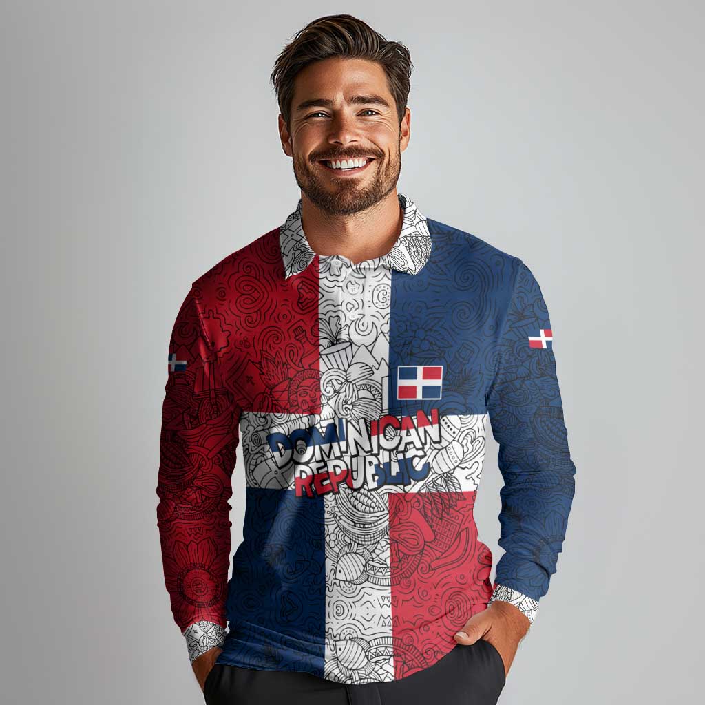 Dominican Republic Flag Long Sleeve Polo Shirt Red White and Blue Pattern with National Emblem and Tribal Design - Wonder Print Shop