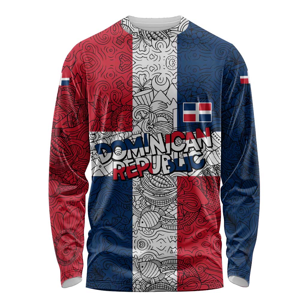 Dominican Republic Flag Long Sleeve Shirt Red White and Blue Pattern with National Emblem and Tribal Design - Wonder Print Shop