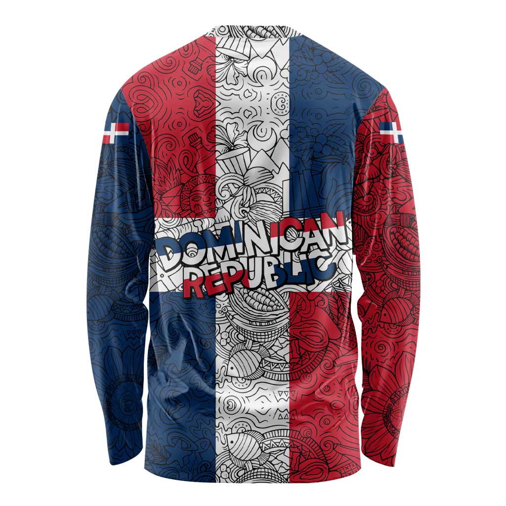 Dominican Republic Flag Long Sleeve Shirt Red White and Blue Pattern with National Emblem and Tribal Design - Wonder Print Shop