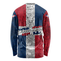 Dominican Republic Flag Long Sleeve Shirt Red White and Blue Pattern with National Emblem and Tribal Design - Wonder Print Shop