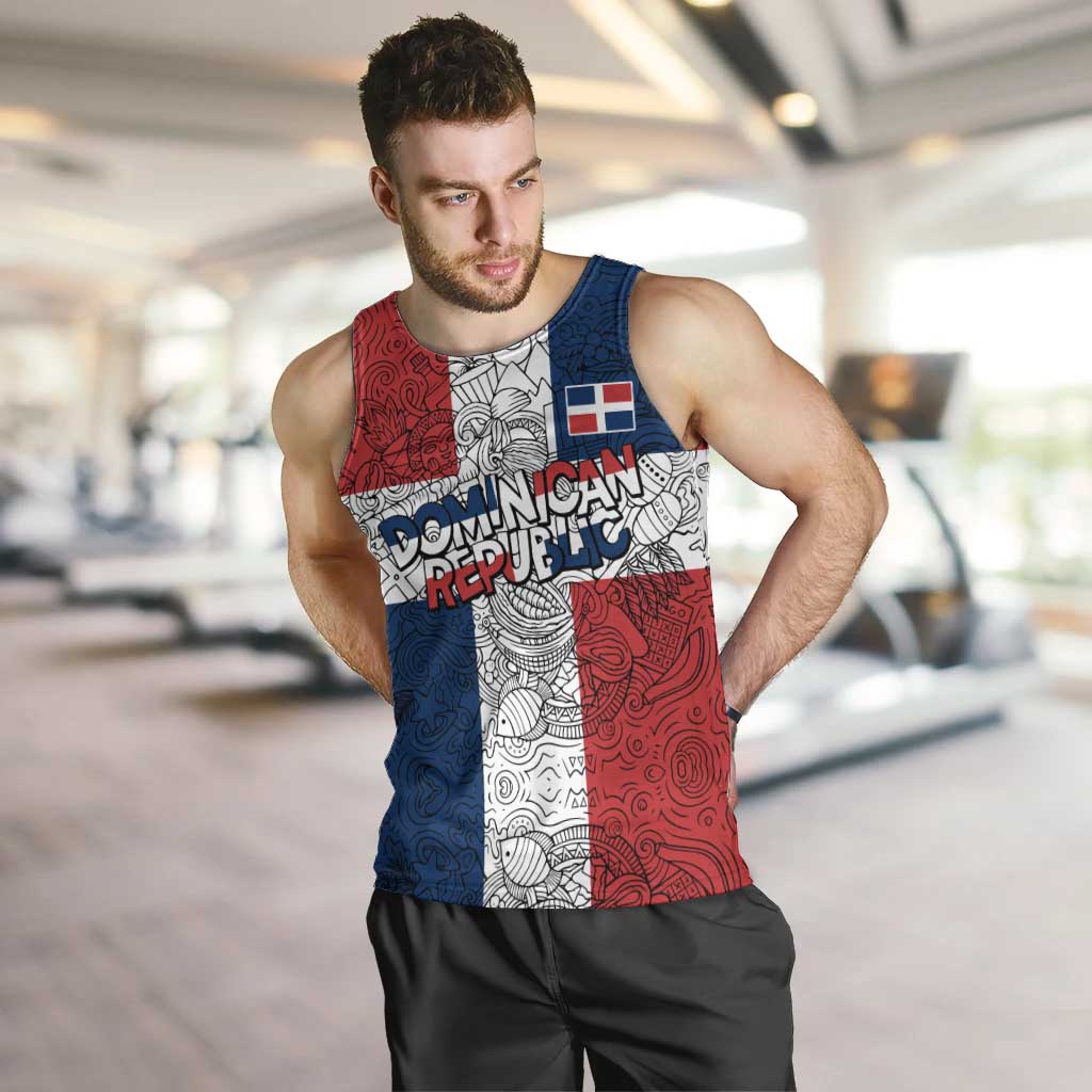 Dominican Republic Flag Men Tank Top Red White and Blue Pattern with National Emblem and Tribal Design - Wonder Print Shop