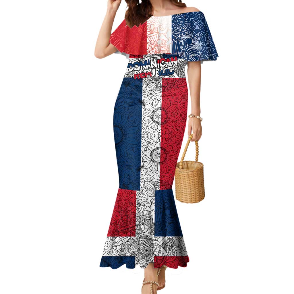 Dominican Republic Flag Mermaid Dress Red White and Blue Pattern with National Emblem and Tribal Design - Wonder Print Shop