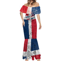 Dominican Republic Flag Mermaid Dress Red White and Blue Pattern with National Emblem and Tribal Design - Wonder Print Shop