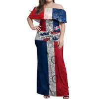 Dominican Republic Flag Off Shoulder Maxi Dress Red White and Blue Pattern with National Emblem and Tribal Design - Wonder Print Shop