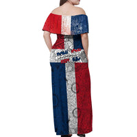 Dominican Republic Flag Off Shoulder Maxi Dress Red White and Blue Pattern with National Emblem and Tribal Design - Wonder Print Shop