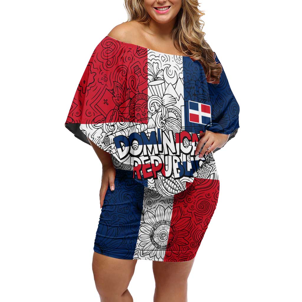 Dominican Republic Flag Off Shoulder Short Dress Red White and Blue Pattern with National Emblem and Tribal Design - Wonder Print Shop
