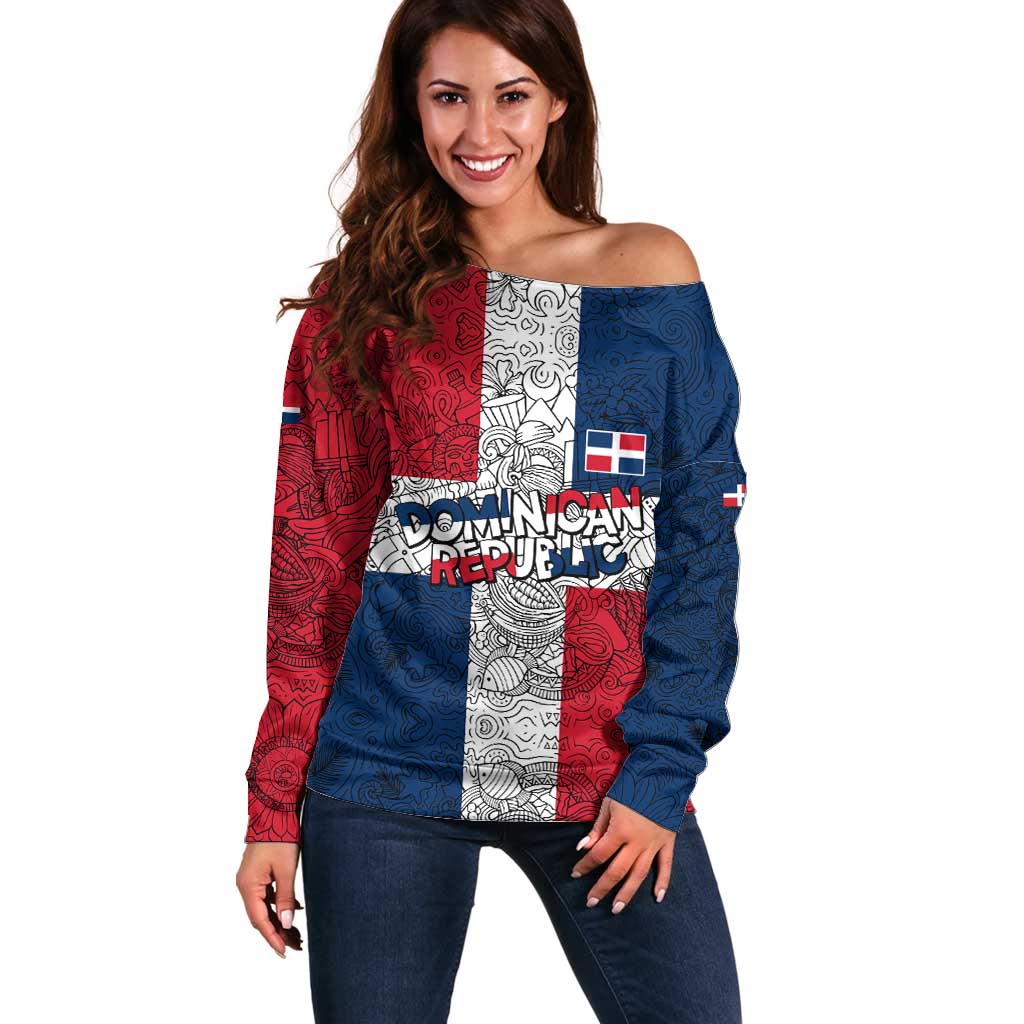 Dominican Republic Flag Off Shoulder Sweater Red White and Blue Pattern with National Emblem and Tribal Design - Wonder Print Shop
