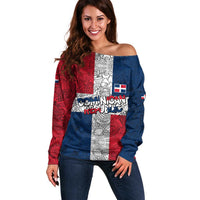 Dominican Republic Flag Off Shoulder Sweater Red White and Blue Pattern with National Emblem and Tribal Design - Wonder Print Shop